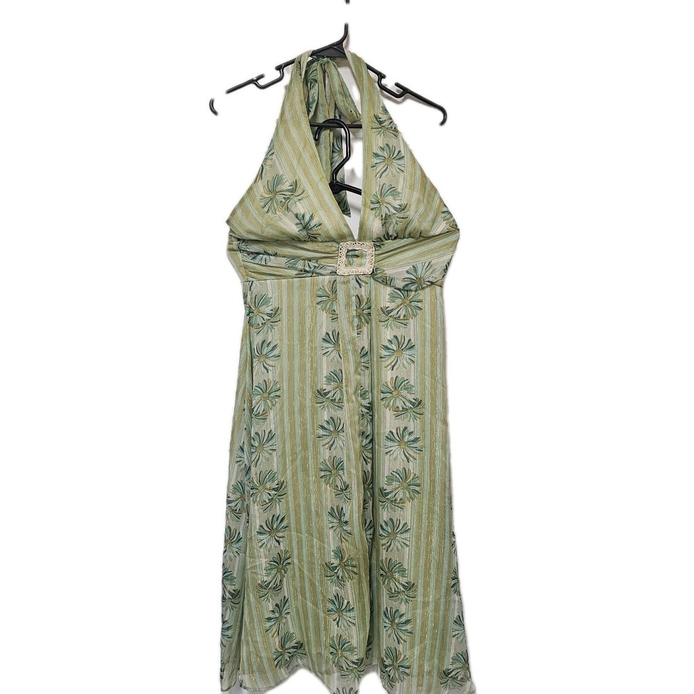 APNY Halter Dress Size 6 Green Metallic Floral Fairycore Boho Lined Zip Back EUC